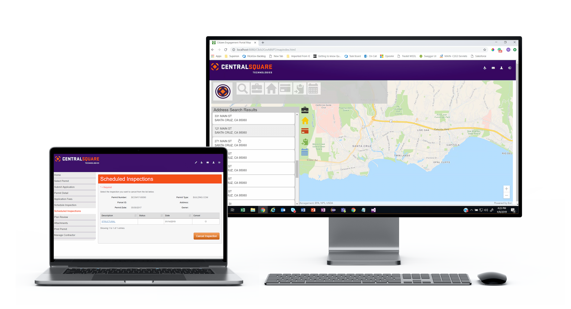 A mockup on Citizen Engagement Software on a laptop and desktop.