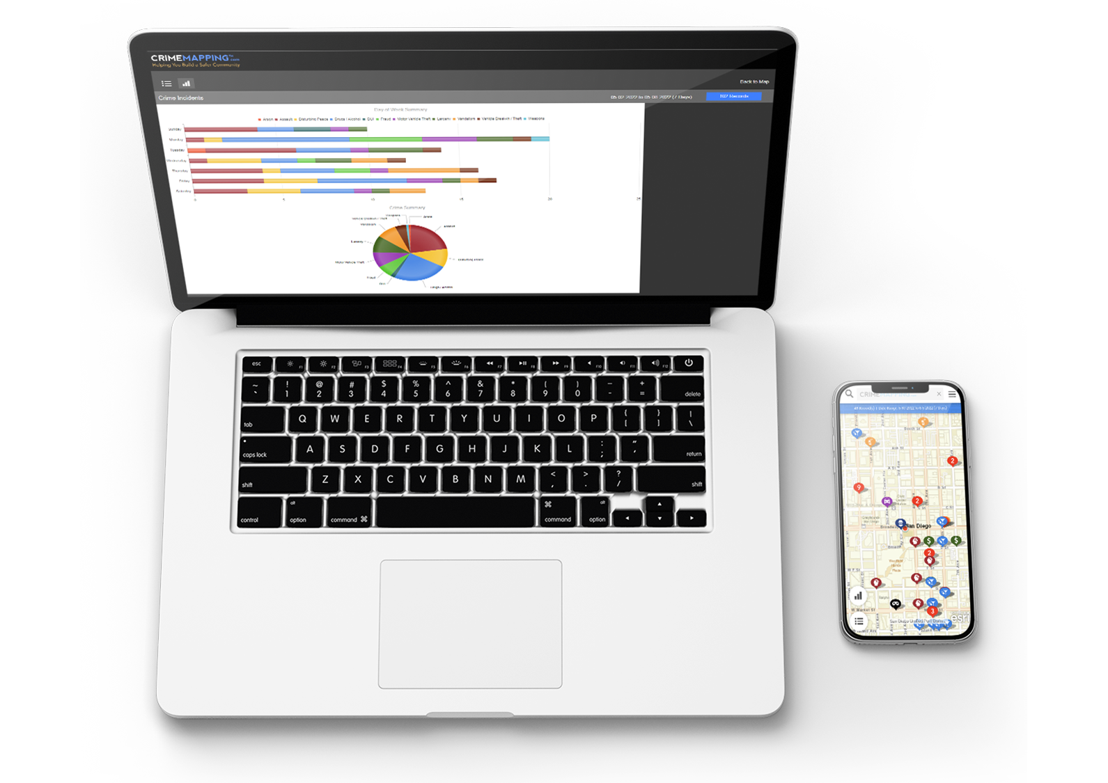 A laptop computer and mobile phone display different views of data from CentralSquare's Crimemapping solution.